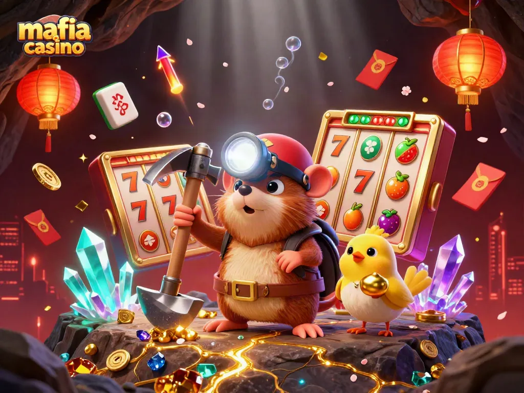 Mafia casino scene depicting a treasure hunter and canary amid slot reels and jackpot elements