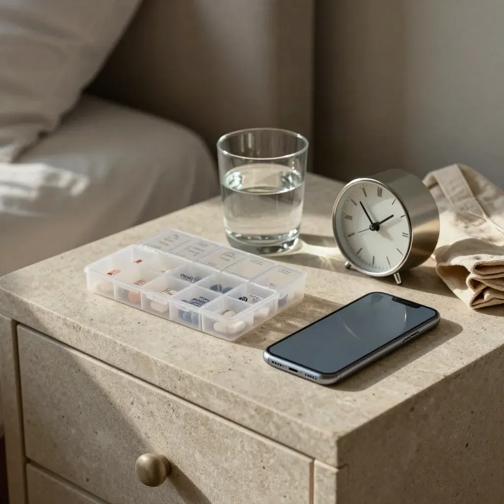 Rituale mattutino con portapillole, acqua, telefono a faccia in giù e sveglia su comodino in pietra.