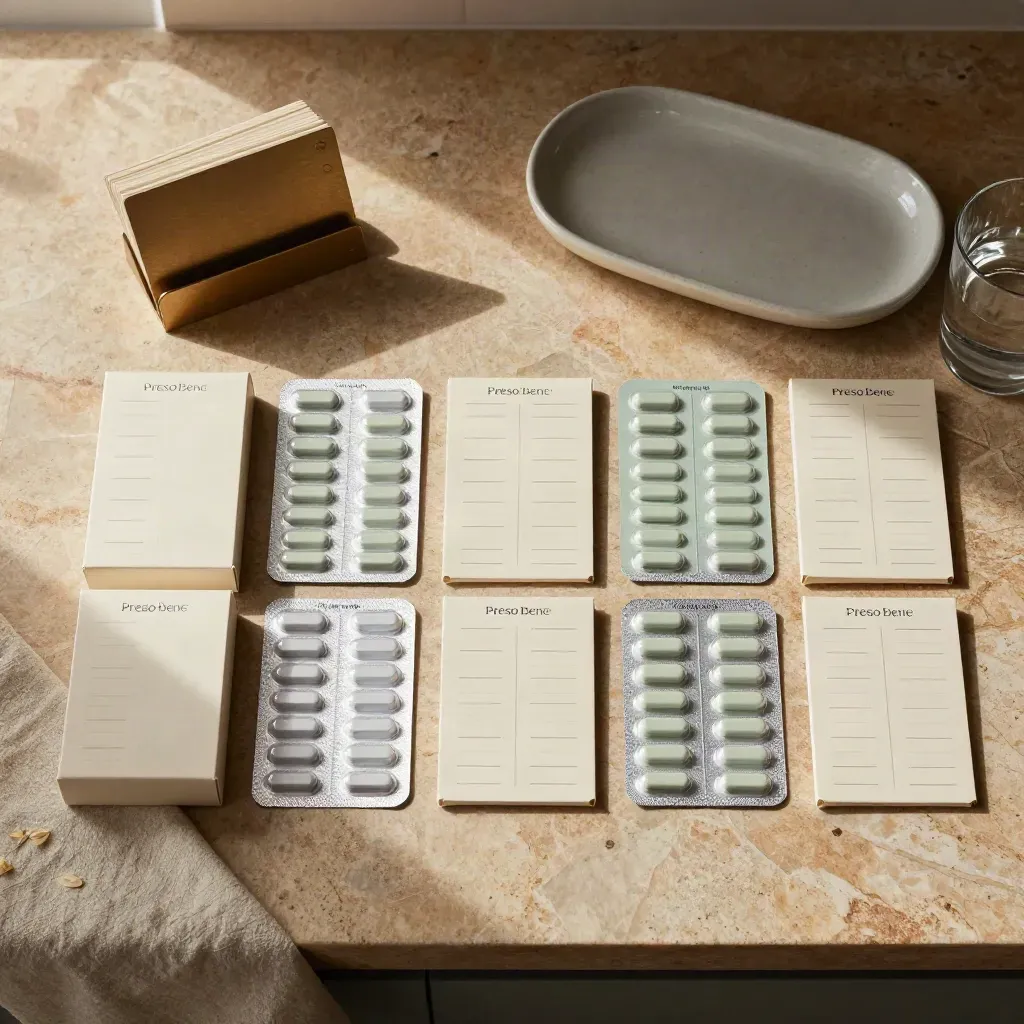 Flat lay dall’alto di dosi, blister e contenitore per schede su piano cucina in toni salvia e crema.