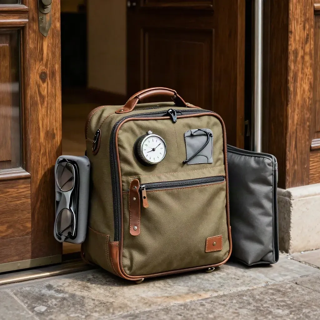 Valigia medica compatta all’ingresso con timer, astuccio occhiali e busta appuntamenti.