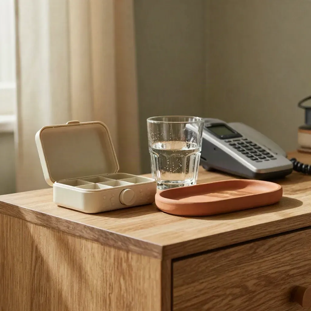 Station per terapie domestiche con pilloliera, timer, bicchiere d’acqua e telefono cordless