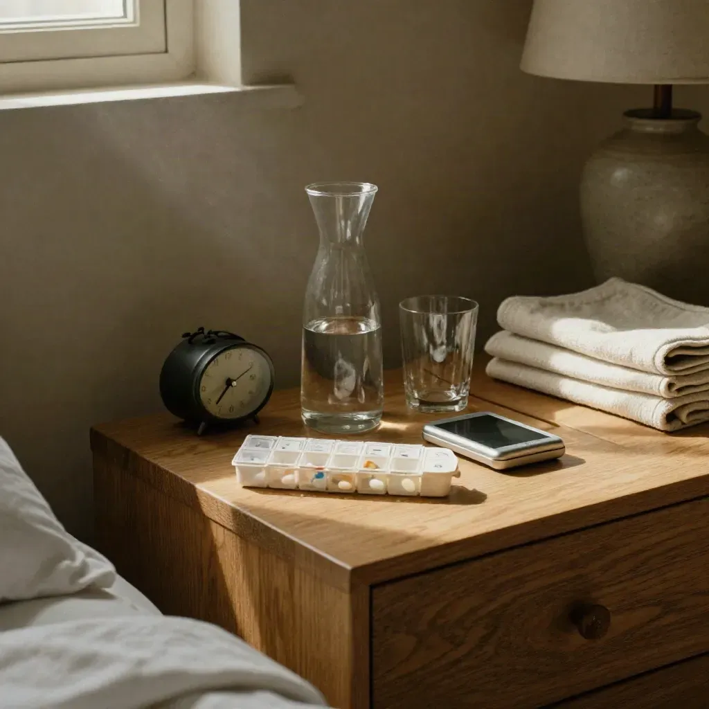 Angolo terapia accanto al letto con pilloliera, caraffa d’acqua, telefono e sveglia, luce del mattino.