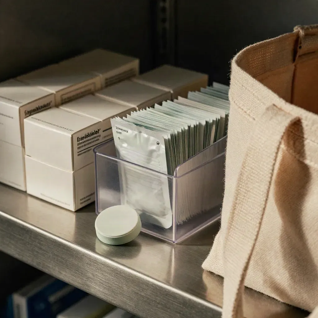 Stazione ricarica farmaci con scatole, organizer, tote e luce drammatica su banco metallico.