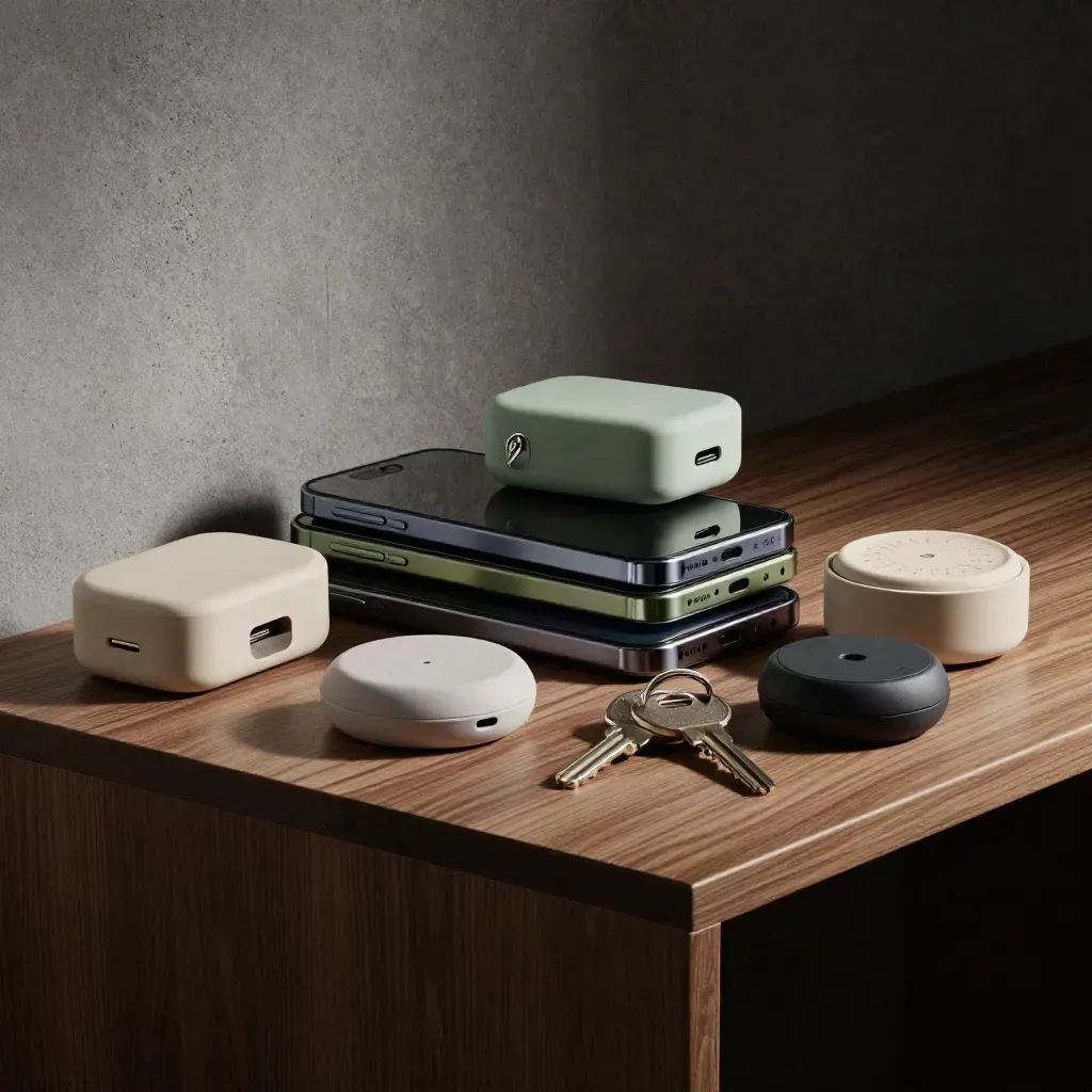 Kit operativo con telefoni, basi di ricarica, timer, portachiavi e dispositivo di allerta su ripiano in legno.