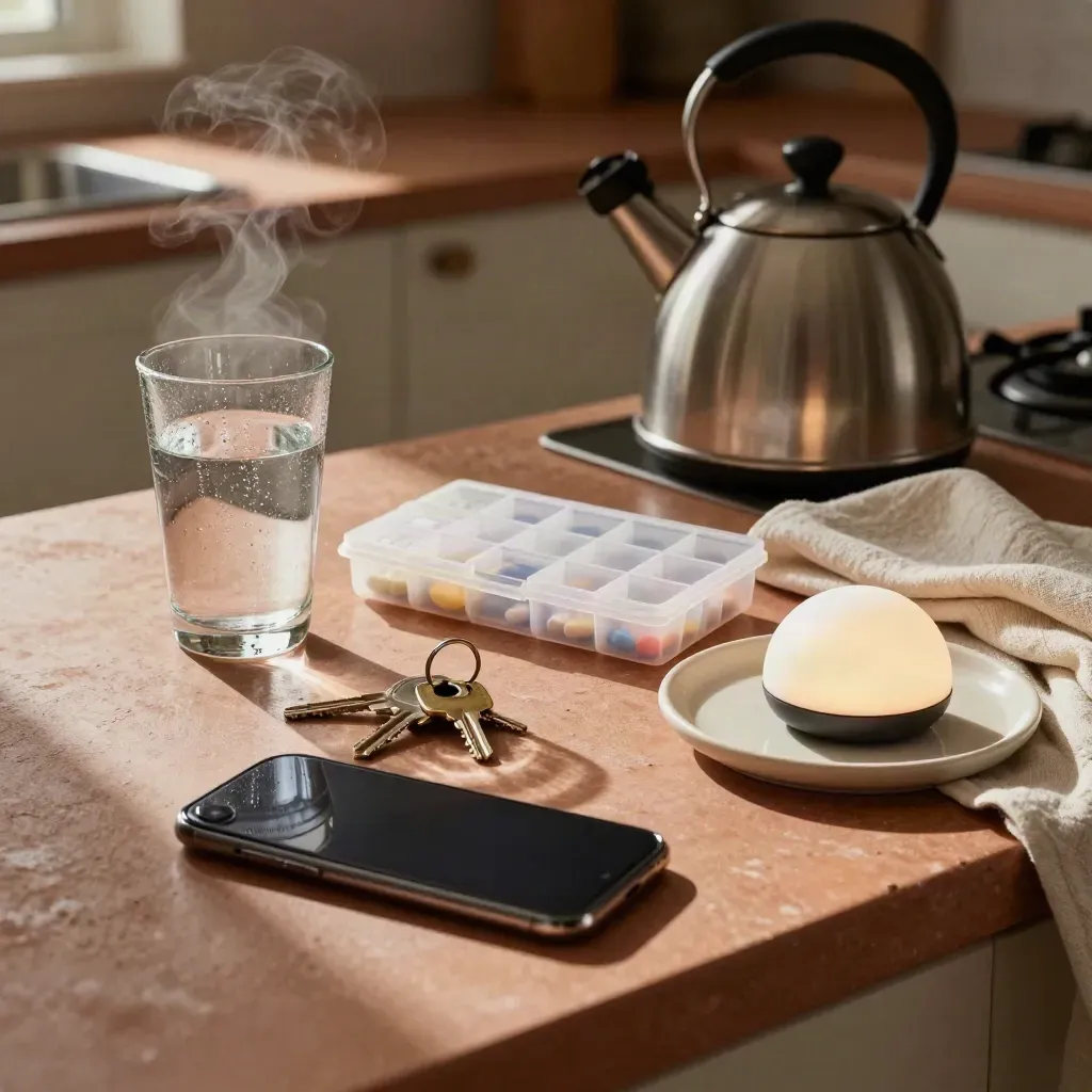 Kit caregiver su tavolo di cucina: bicchiere d’acqua, portapillole, chiavi, smartphone e promemoria luminoso.