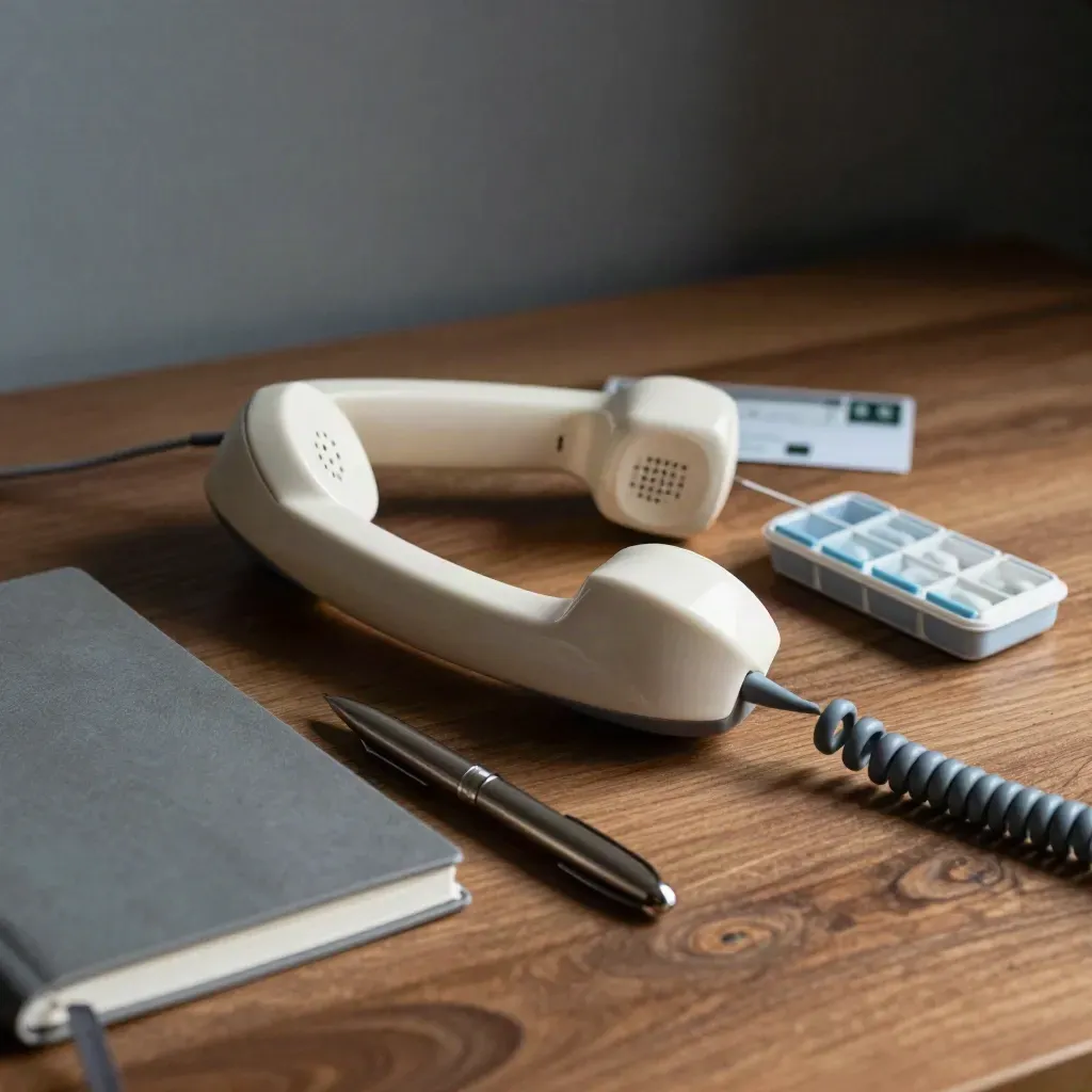 Telefono con filo, rubrica chiusa, penna e organizer pillole su noce, luce morbida.