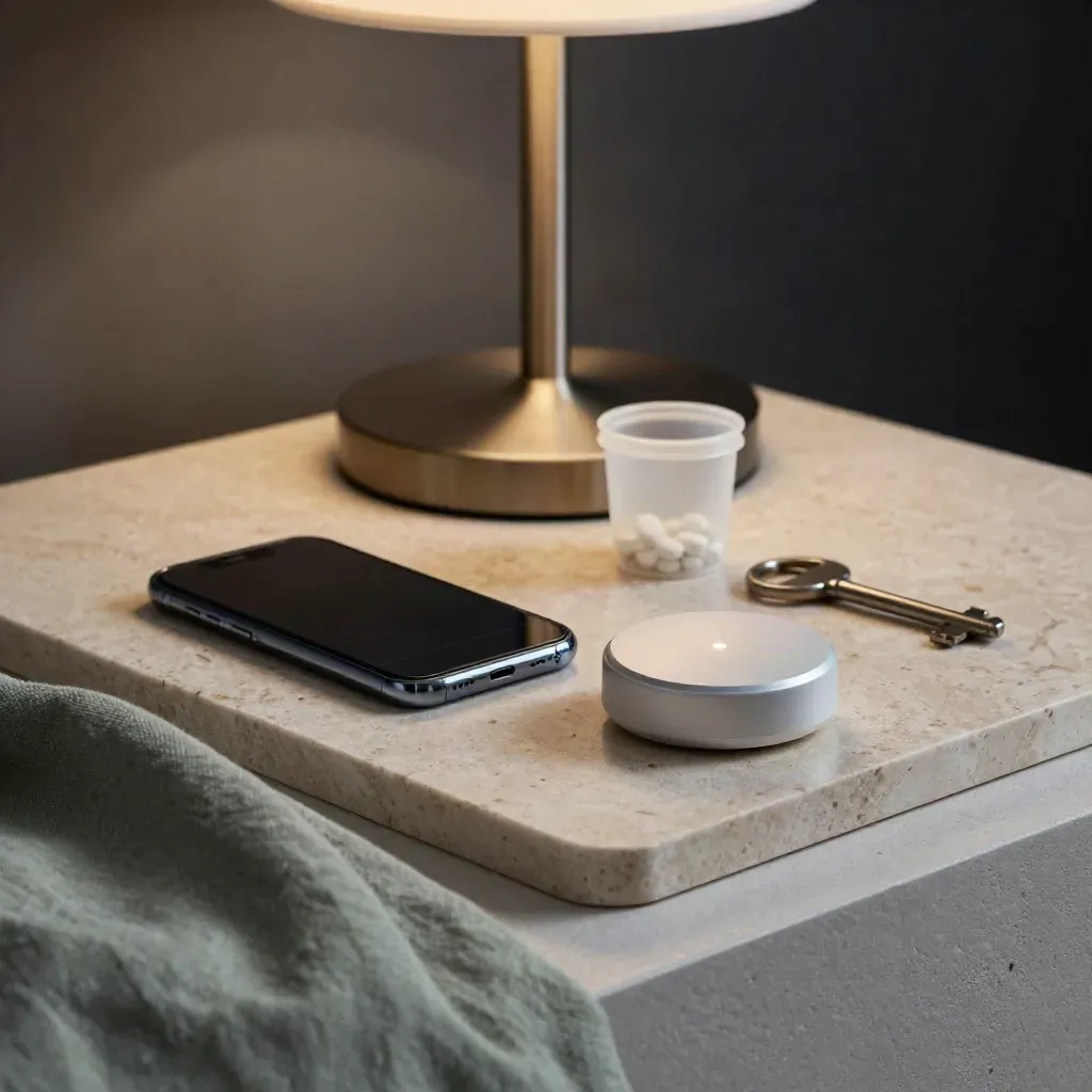 Tavoletta smart, smartphone a faccia in giù, pill cup e lampada su vassoio in pietra.
