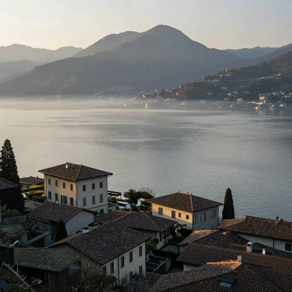 Lago di Como all’alba con ville, nebbia e montagne sullo sfondo.