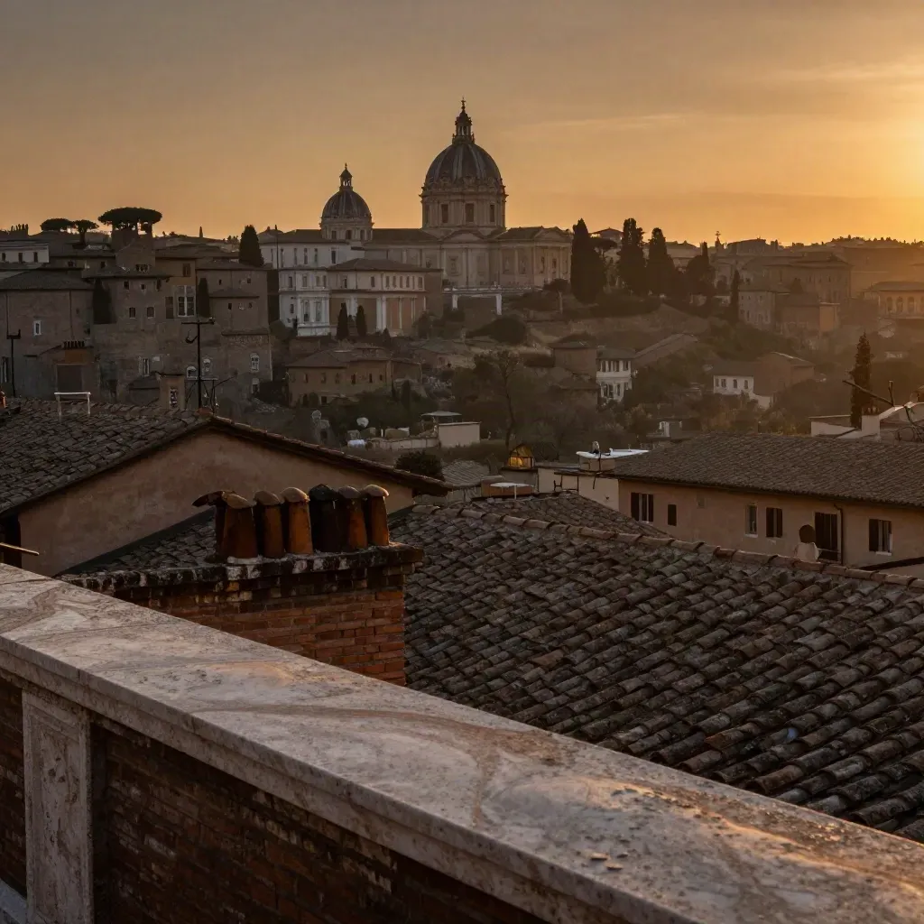 Tramonto su Roma con tetti in travertino e cupole lontane, fascia alta e fondo calmo