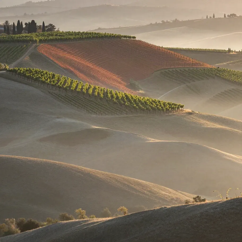 Vigneti del Piemonte al tramonto con Alpi lontane e nebbia morbida